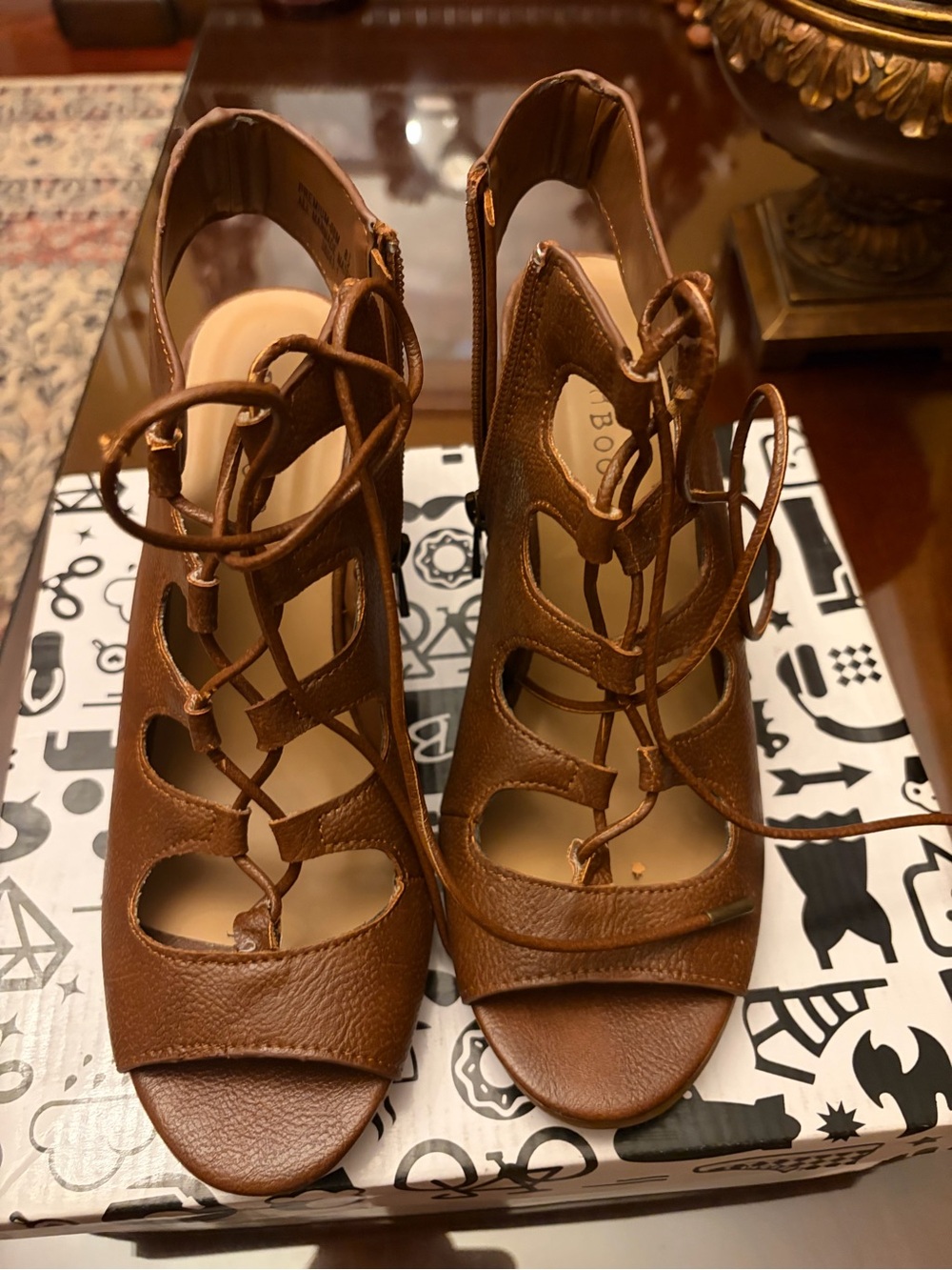 BAMBOO Brown Lace-Up Open-Toe Heels
